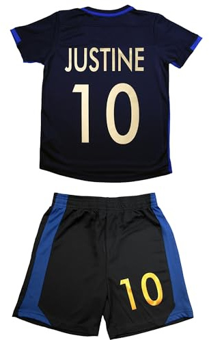 PATOUTATIS - Ensemble Short Maillot Foot Enfant personnalise Or prenom et Numero Bleu Marine