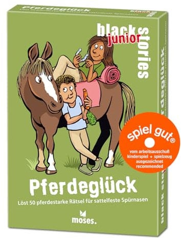 moses. Black Stories junior Pferdeglück - 50 pferdestarke Rätsel mit Geschichten vom Pony- und Reiterhof, Rätsel Kartenspiel mit Spielvariante und Punktechips, Rätselspiel für Kinder ab 8 Jahren