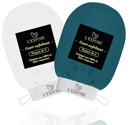 L'Exfose - Guante exfoliante para el cuerpo, 2 guantes de Crin Kessa exfoliantes corporales y faciales de viscosa natural, elimina las células muertas de la piel e hidrata - Sensación de spa agradable
