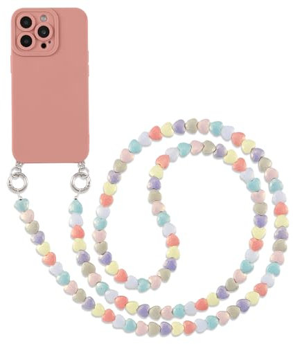 Pnakqil Coque avec Cordon pour iPhone 13 6.1 de Cœur Perles Corde Collier, Étui Silicone TPU Antichoc Bumper Housse avec Bijoux Cordage Crossbody Chaîne Lanyard Case, Rose