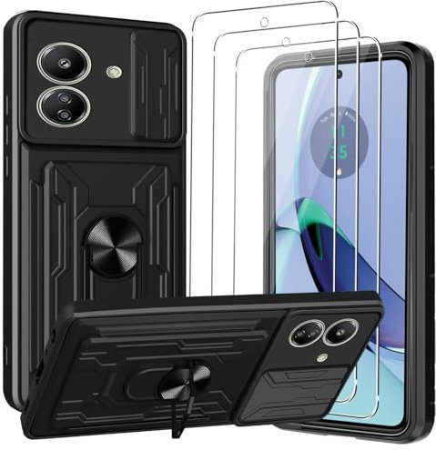 KZIOACSH Case for Motorola Moto G84,Built-in Kickstand+Slide Camera Cover+Removable Card Holder Military Grade Rugged Armor Case Anti-Scratch Bumper Cover with 3 Tempered Glass Screen Protector,Black