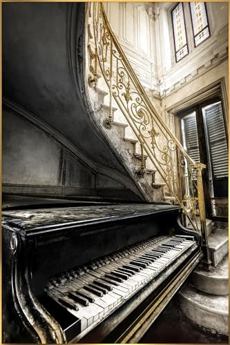 STYLER Glasbild Gold Piano 80 x 120 cm mit goldenem Rahmen I Lost Place mystisch Klavier Treppe vintage I Wandbild aus Glas I Bild Wohnzimmer Schlafzimmer I XXL groß retro abstrakt