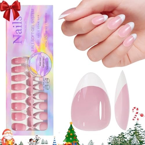 French Gel Nail Tips, 150pcs Medium Coffin Press on Soft Gel Fake Nails, 3 in 1 X-coat Pre-Applied Tip Primer & Base Coat, 15 Sizes for DIY Nail Extension, No Filing Required (HJ-NT087-05)