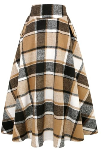 IDEALSANXUN Gonna Lunga da Donna Autunno/Inverno a Vita Alta Scozzese Slim a Trapezio, Plaid Marrone Nuovo, XL