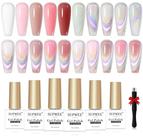 SUPWEE Rainbow Cat Eye UV Cel Nagellack Set, Universal Cat magnetischer Gel-Nagellack und 5 Farben Jelly-Gel-zum Einweichen mit Magnetstift für Nail Art DIY-Maniküre