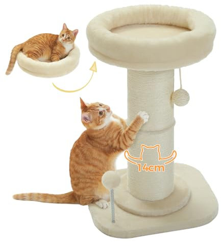 PAWZ Road Katzenkratzbaum, Hoher Kratzbaum für Indoor-Katzen mit Super Dickem Kratzbaum [Dia=14cm], Abnehmbares Flauschiges Katzenbett, Katzenkratzbaum mit Federball, Beige