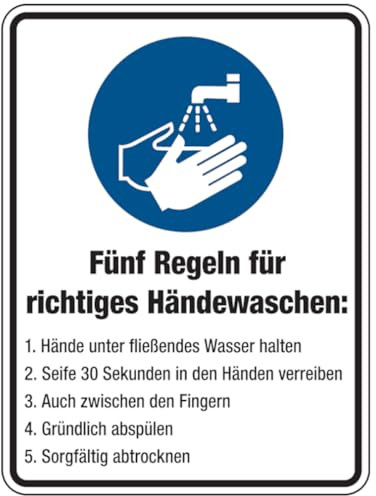 Dreifke® Kunststoff-Schild Hände waschen, 15x20cm (BxH), 1 Stück, Gebotszeichen (M011) gem. ISO 7010 mit Text: 5 Regeln für richtiges Händewaschen