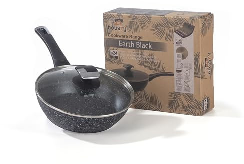 HOUSZY Granite Deep Frying Pan with Lid 24cm – Non Stick, Non Toxic, Induction-Ready, Oven Safe Pan with Tempered Glass Lid & Heat-Resistant Handle for Everyday Cooking