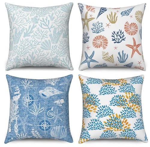 ASDCXZ Maritim Kissenbezug 40x40 cm 4er Set, Kompass Seesterne Koralle Schale Blau Weiß Sofa Dekokissen Kissenbezüge Kissenhülle Waschbar Polyester Flachs Textil Outdoor Kopfkissenbezug Kissen Bezug