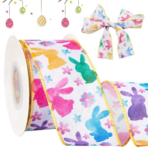 KIKVTER Schleifenband Ostern, Hase, Ostern Deko, Osterhasenbänder mit Drahtrand, Geschenkverpackungsbänder für Oster-Party, Ostergeschenke, Schleifen, Osterns Bänder für Osterdekoration DIY Handwerk