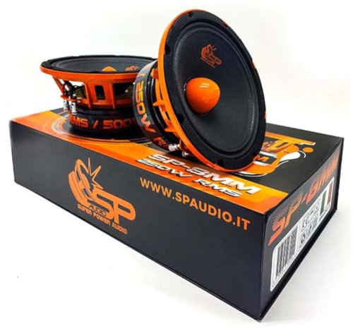 2 SP AUDIO SP8MM altoparlanti diffusori midrange, 20 cm 200 mm 8 diametro, 250 watt rms 500 watt max, 4 ohm, sensibilità 98.2 db, per auto, a coppia