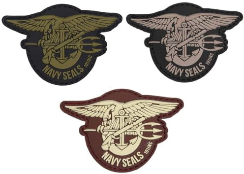 3D US Navy Seals PVC Emblem patch Aufnäher, Klett, Navy Seals (3er Mix: 1x grün, 1x braun & 1x grau)