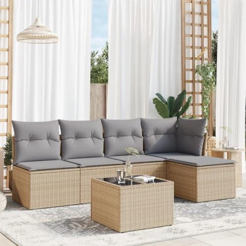 ULUYYUC 6-TLG. Garten-Sofagarnitur, Hocker Schlafsofa Eckbankgruppe Gästebett Geeignet für Hinterhof Garten Balkon Außenbereich mit Kissen Beige Poly Rattan