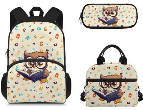 Suhoaziia Schulrucksack für Grundschule, Mittelhochschüler, Büchertaschen mit Lunchtasche, Federmäppchen, 3 Stück, Cartoon Eule, Tagesrucksäcke