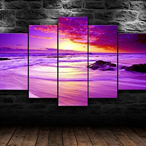 Tableau 5 Pièces Journée De L'Océan À La Plage Violette 5 Panneaux Tableau Sur Toile Art Mural Décoration Murale Moderne Maison Salon Chambre Décoration, 150 X 100 Cm -0O4K/O6A5-