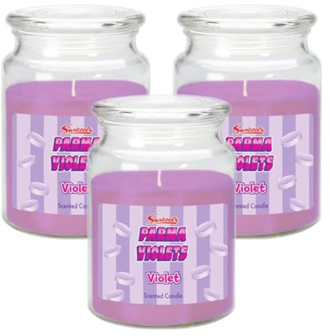 Swizzels Parma Violet Scented Candle Glass Jar - Up to 95 Hours Burn - (Pack of 3) - 510g