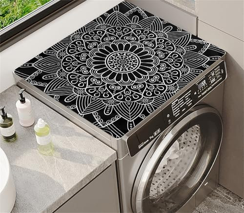 Highdi Housse de Protection pour Machine à Laver Top, Mandala Blanc Noir, Coussin de Machine à Laver Antidérapant Housse de Machine à Laver pour Machine à Laver Ou Sèche-Linge (50x60cm,Noir)