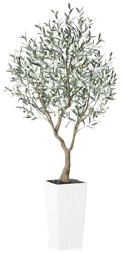 SOGUYI Olivo Artificiale 210 cm - Pianta Finta Resistente ai Raggi UV per Decorazioni Interne ed Esterne - Pianta da Pavimento Finta con Fioriera Conica Bianca