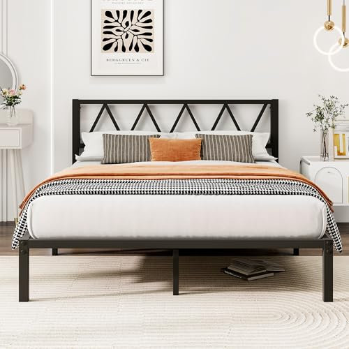 5ft King Bed Bed Frame, Metal Platform Bed Frame with Headboard, Steel Slat Support, Mattress Foundation, Easy Assembly, Underbed Storage Space/Black