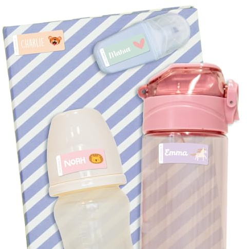 EASY2NAME - Themed Small Name Labels, Ideal for Labelling Bottles, beakers, Sports kit, and Lunch Boxes. Dishwasher, steriliser and Microwave Safe. Dim: 41 x 16mm. Pack with 24 Labels (Unicorn)