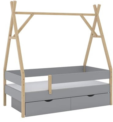 VitaliSpa Tipi-Bett 80x160 cm Bali mit 2 Schubladen und Matratze - Grau 167x178x87 cm hergestellt aus Holz - Hausbett perfekt für Kinder, gemütlicher Rückzugsort für erholsamen Schlaf