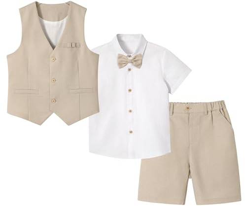 LOLANTA 4 pièces Costume Garcon Mariage Ete, Tenue Enfant Garcon Ceremonie, Vêtement Baptême Anniversaire Garçon Page, Ensemble Costume Short Lin Gile Chemise avec nœud Papillon, Kaki, 8-9 Ans, 140