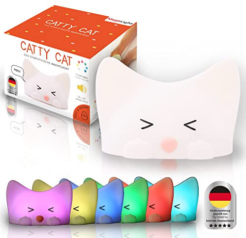 MegaLight LED Nachtlicht Kinder | Nachtlicht Baby ohne verschluckbare Kleinteile | Stilllicht dimmbar RGB Mehrfarben Soundeffekt| Nachtlampe Kinderzimmer Touch USB | Catty Cat
