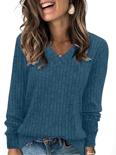 Aokosor Long Sleeve Tops Women UK- V Neck Jumpers for Women Ladies Basic Lightweight Tunic Dark Blue Size 10-12