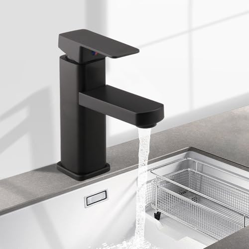 Inodiref Wasserhahn Bad Schwarz Waschtischarmatur für Warm und Kaltwasser Mischbatterie Waschbecken Einhebelmischer Badarmatur Mit 80cm Warm und Kaltwasserschlauch und Keramikventileinsatz