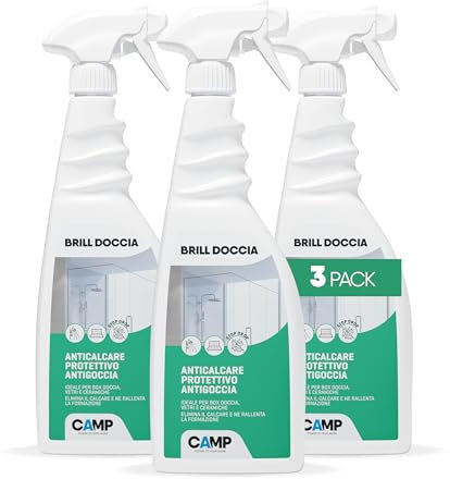 CAMP Brill Doccia - Anticalcare Protettivo Antigoccia, Detergente Vetri, Ceramiche e Box Doccia ad Azione Brillantante, Rimuove e Previene la Formazione di Calcare, Prodotti Pulizia Bagno, 3x750ml
