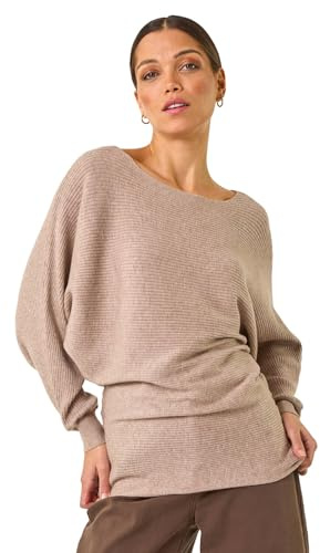 Roman Originals Ribbed Batwing Knit Jumper for Women UK - Ladies Everyday Autumn Winter Slash Neckline Comfy Soft Evening Vacation Work Party Night Out