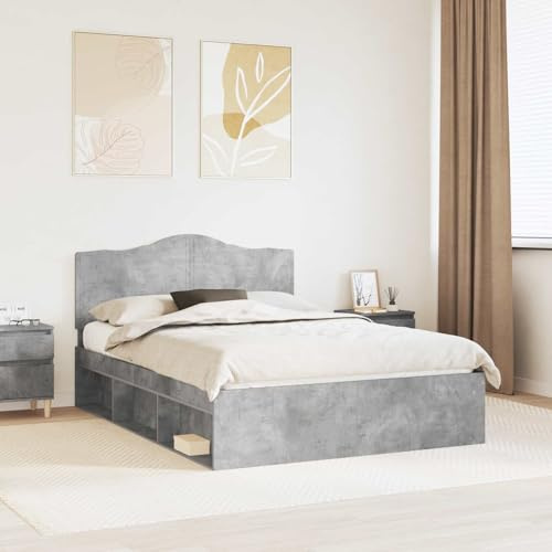 QJBSAVVA moderner Bettrahmen mit massiven Kiefernholz Kopfteil 196 x 143 x 100 cm Betonoptik Lattenrost inklusive Robustes Doppelbett für Schlafzimmer Jugendzimmer Gästezimmer