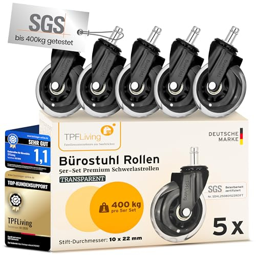 TPFLiving Bürostuhl Rollen Ersatzrollen für Parkett, Teppich, Hartboden 10x22 mm kompatibel mit IKEA transparent – höchste Belastung bis 400kg – Invictus ProGlide 5er-Set Bürostuhlrollen