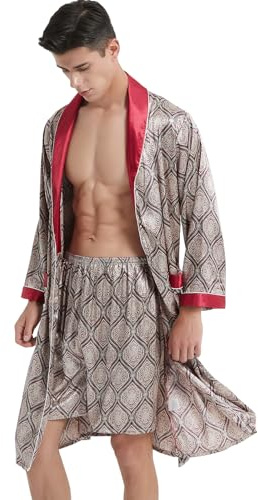 Haseil Peignoir kimono luxueux pour homme avec short, peignoirs en satin de soie, ensemble de vêtements de nuit légers à manches longues, rouge 1, Small
