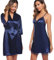 Sykooria Femmes Lingerie Sexy Trois pièces Costume Déguisement Uniforme Cosplay Top Jupe à Carreaux String Outfit,Marine,XXL