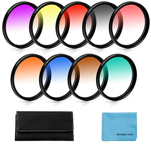 55mm Graduated Color Filters Kit 9 Pieces Gradual Colour Lens Filter Kit Set Accessory for Canon Nikon Sony Pentax Olympus Fuji DSLR Camera + Lens Filter Pouch +Lens Cleaning Cloth