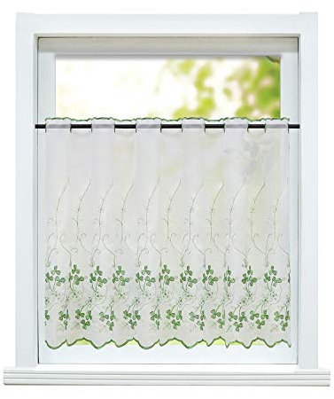 ESLIR Scheibengardine Landhaus Bistrogardine Küche Gardinen Transparent Vorhänge mit Stickerei Kurzgardine Bestickt Voile Blätter Grün HxB 75x120cm 1 Stück