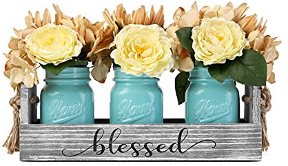 HOMKO Mason Jar Centerpiece Set with Artificial Flower, Kitchen Table Decor Centerpiece in Farmhouse Rustic Style for Flatware Organizer, Flower Arrangement, Garden Wedding (Blue, Large)