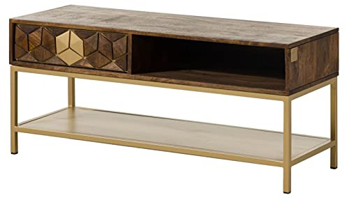 MASSIVMOEBEL24.DE | Diamond Couchtisch Massivholz geölt, Sofatisch 110 cm Mango braun, massiver Tisch für Wohnzimmer mit 1 Schublade Push-Top-Open, 1 Fach, 1 Ablage, Eisengestell und Mosaik in Gold