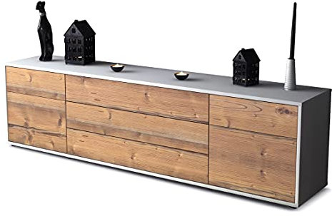 Stil.Zeit TV Schrank Lowboard, Andrico, Korpus Weiss matt, Front Holz-Design Pinie, (180x49x35cm), Push to Open Technik & Leichtlaufschienen