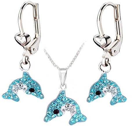 FIVE-D Kinder Ohrringe Kristall Delfin 925 Sterling Silber Creolen Ohrhänger (Set-Blau)