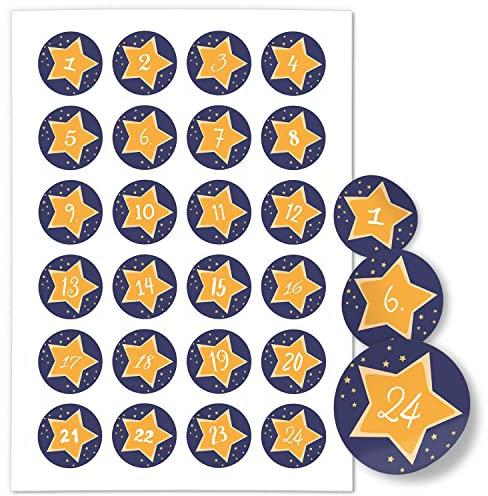 Adventskalender-Zahlen Aufkleber 1 bis 24 / Gelbe Sterne auf Blau/Etiketten/Sticker/Weihnachtskalender/Advent/Rund/DIY/zum Aufkleben