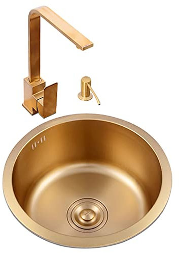 Fregadero De Cocina Redondo Nanofregadero Dorado Fregadero De Isla Bajo Encimera con Grifo Cuadrado Fregadero De Acero Inoxidable De Una Cubeta para Cocina Balcón Bar