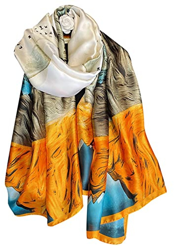 Silk Scarf Women Green Shawl Stain Neckerchief Head Wraps Thin Scarf Ladies Beach Shawl Vintage Painting Bridal Belt Chiffon Scarf Muslim Colourful Cloth Birthday gifts (Earth color)