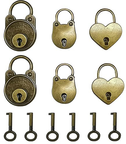 MOAMUN Lot de 6 Cadenas à clé Antiques Vintage Mini Cadenas à clé Ours Coeur Serrures avec clés pour Boîte à Bijoux en Bois Décor de Bagages ton Bronze