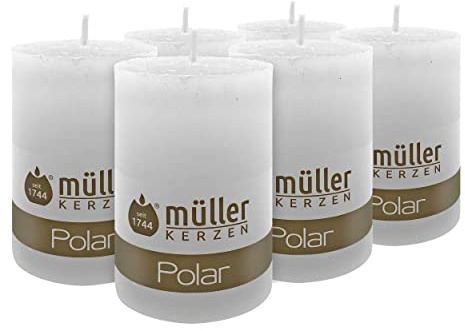 Müller Kerzen POLAR Stumpenkerzen mit Raureif-Effekt - Set mit 6 Rustikale Kerzen - Weiß - 58 x 90 mm - Lange Brenndauer 32 Stunden - Duftneutral - Tropfenfrei - RAL Qualität