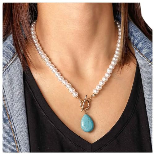 Cimenexe Bohemian Teardrop Türkis Anhänger Halskette Perlen Choker Halskette Wasser Tropfen Türkis Halskette Gold T Bar Knebel Halskette Schmuck Für Frauen Und Mädchen Geschenke