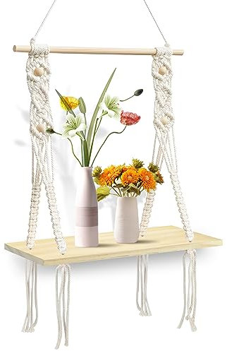 twirush Makramee Wandregal Holz Regal Boho Deko Hängeregal Holz Baumwollseil Handgewebte Schweberegal, Schweberegal mit Schnur, Mediterraner Stil Schaukel Regal für Wohnzimmer Schlafzimmer