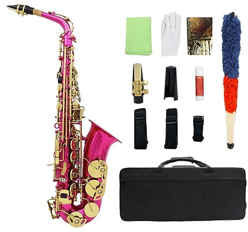 Saxophone alto Eb Brass Saxophone alto for débutants et étudiants, kit complet de sax bémol avec étui de transport, kit de nettoyage et d'entretien (Color : Rose red)