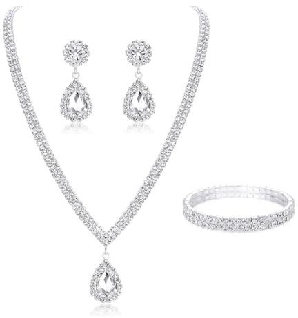 TOEECY Elegantes Schmuckset Für Damen Tropfenform Halskette Und Ohrringe Mit Strass Hochzeitsund Party Schmuck Glänzendes Armband Modischer Schmuck Für Besondere Anlässe
